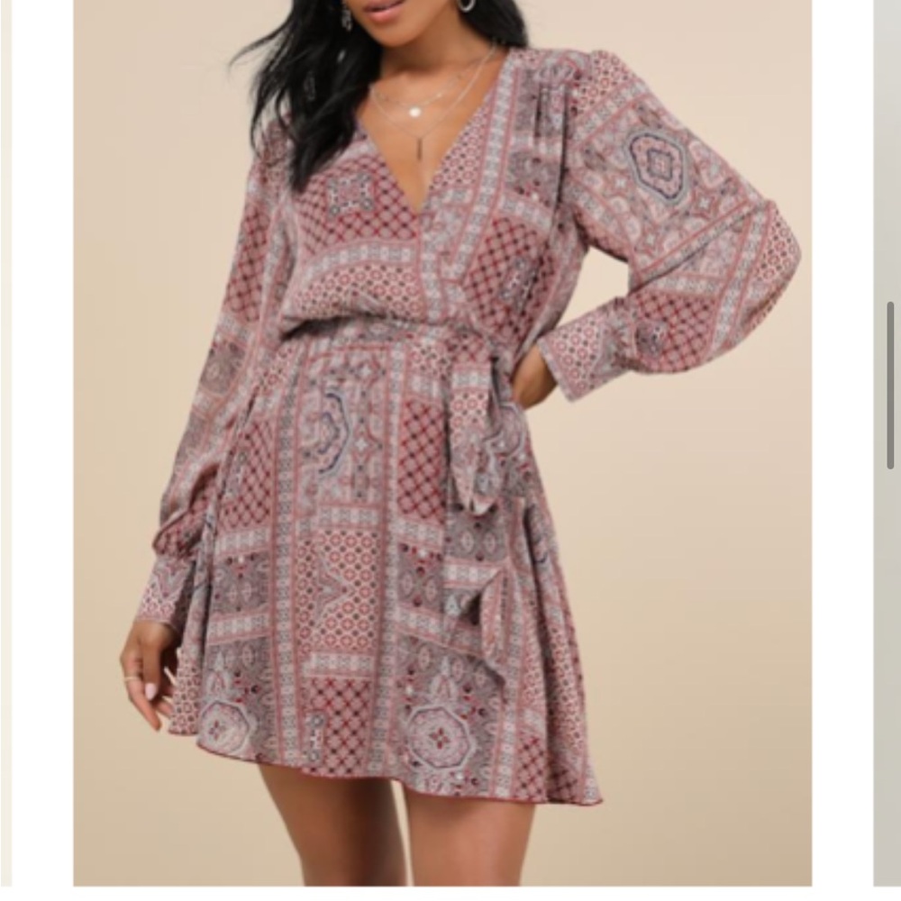 Lulu's Patterned Long Sleeve Dress - Pink and Gray